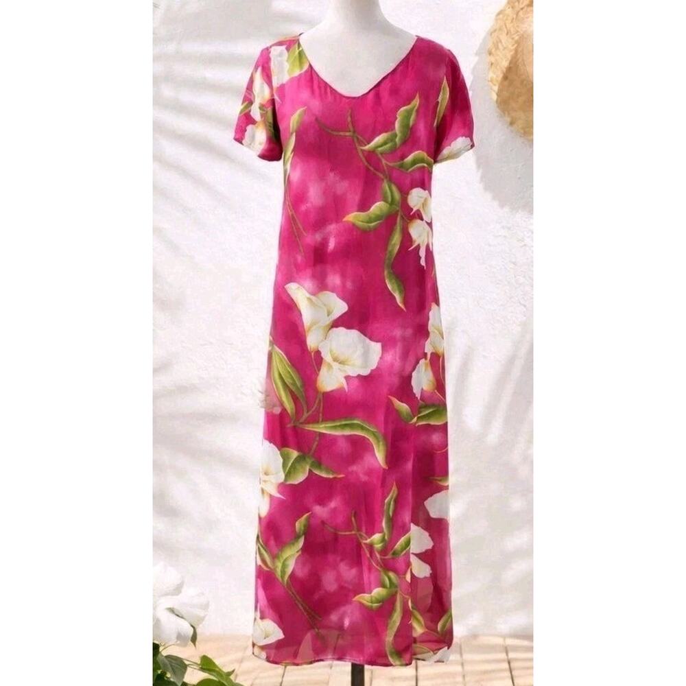 Vtg 90s Silk Maxi Dress Pink Floral Resort Cruise Hawaiian S CA Sport Tropical